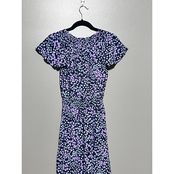 NWT‎ Talbots Smocked Splt Neck Dress  XS Blue and Purple Floral Knee Length. - Picture 1 of 6